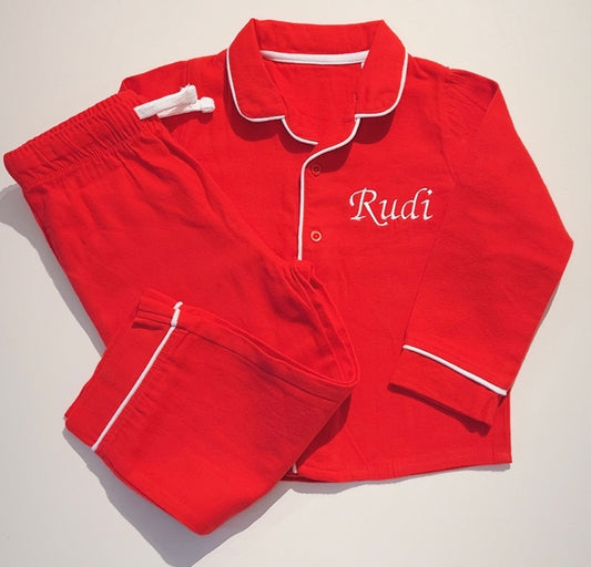 Embroidered Brushed Cotton Pjs Red