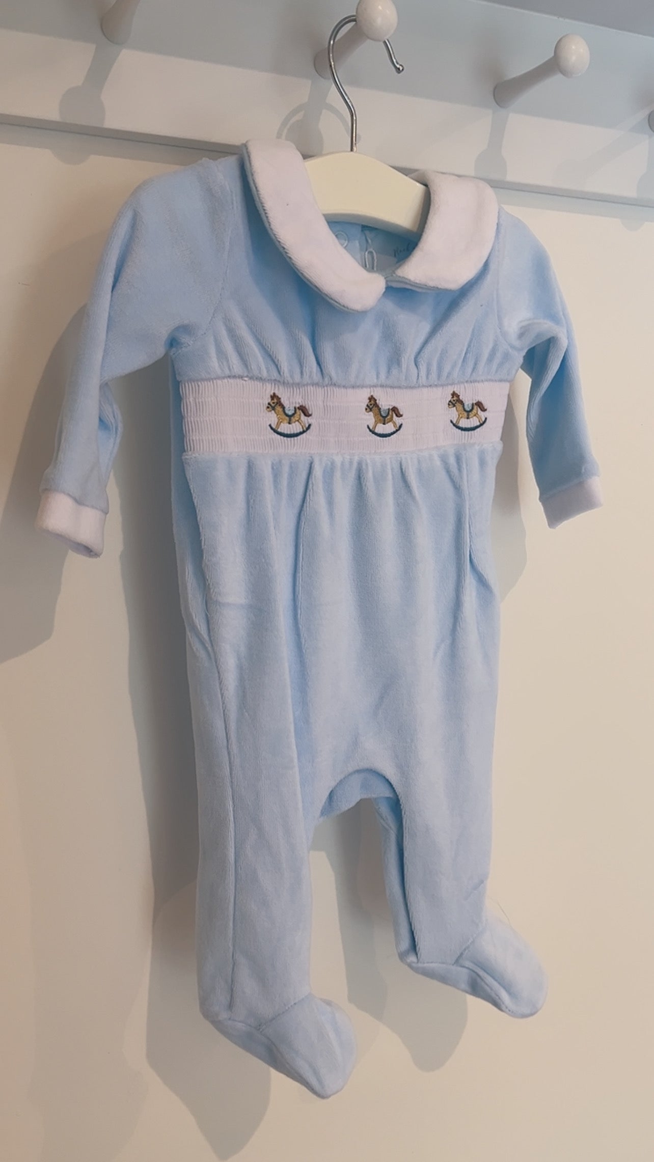 Blue Rocking Horse Velour Babygrow