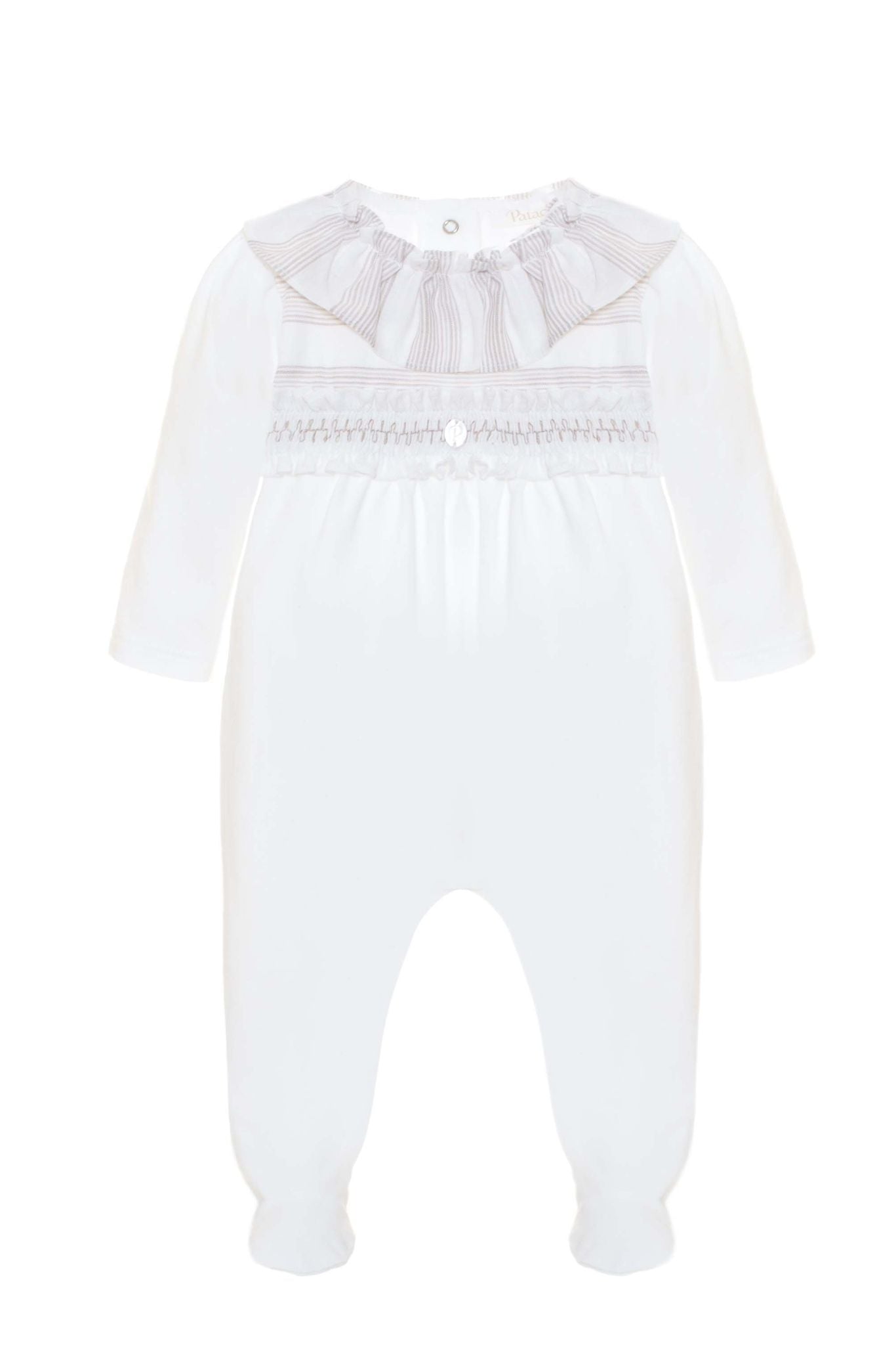 Stripe Frill Collar Smocked Babygrow - White