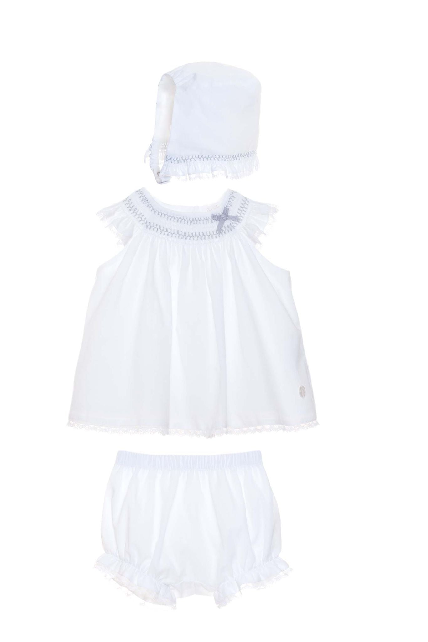 3 Piece Smocked Bloomer Set and Bonnet - White
