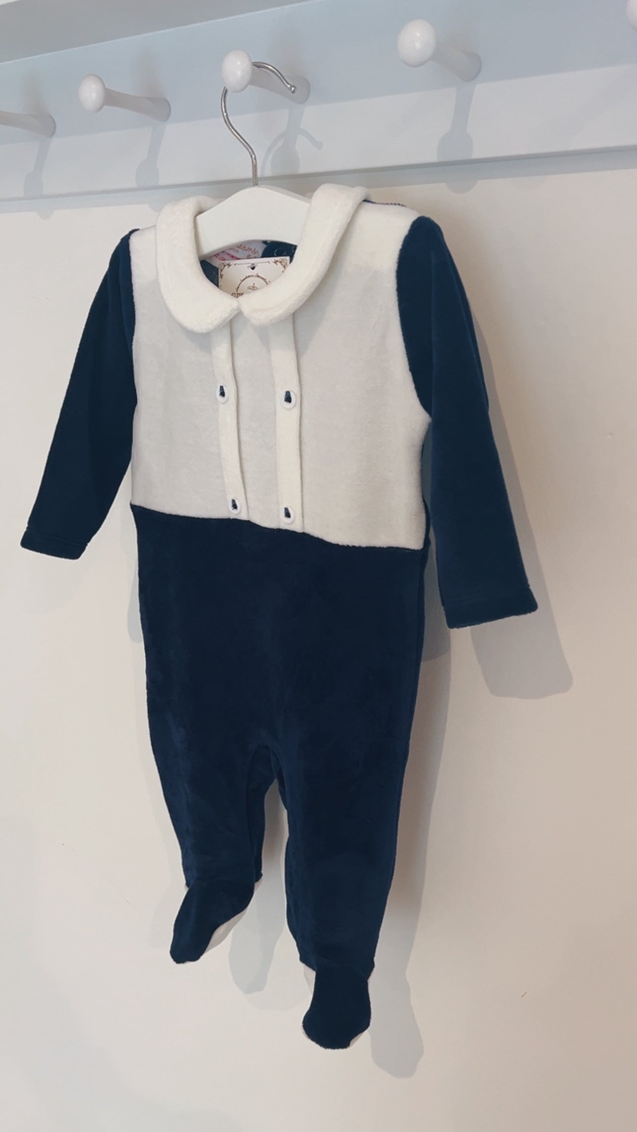 Navy Velour Button Babygrow