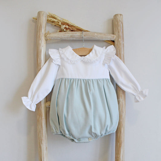 Bow ruffle romper white/green