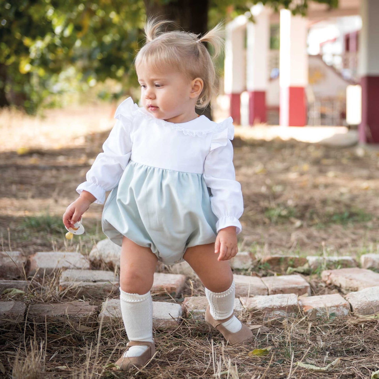 Bow ruffle romper white/green