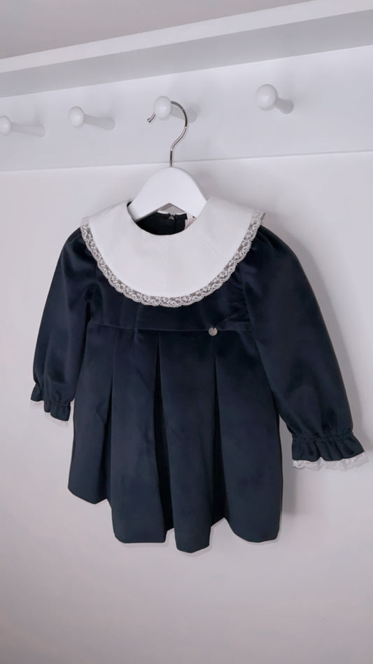 Lace Collar Velvet Dress - Navy