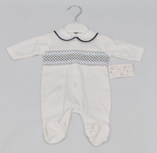 White & Navy Smock Babygrow