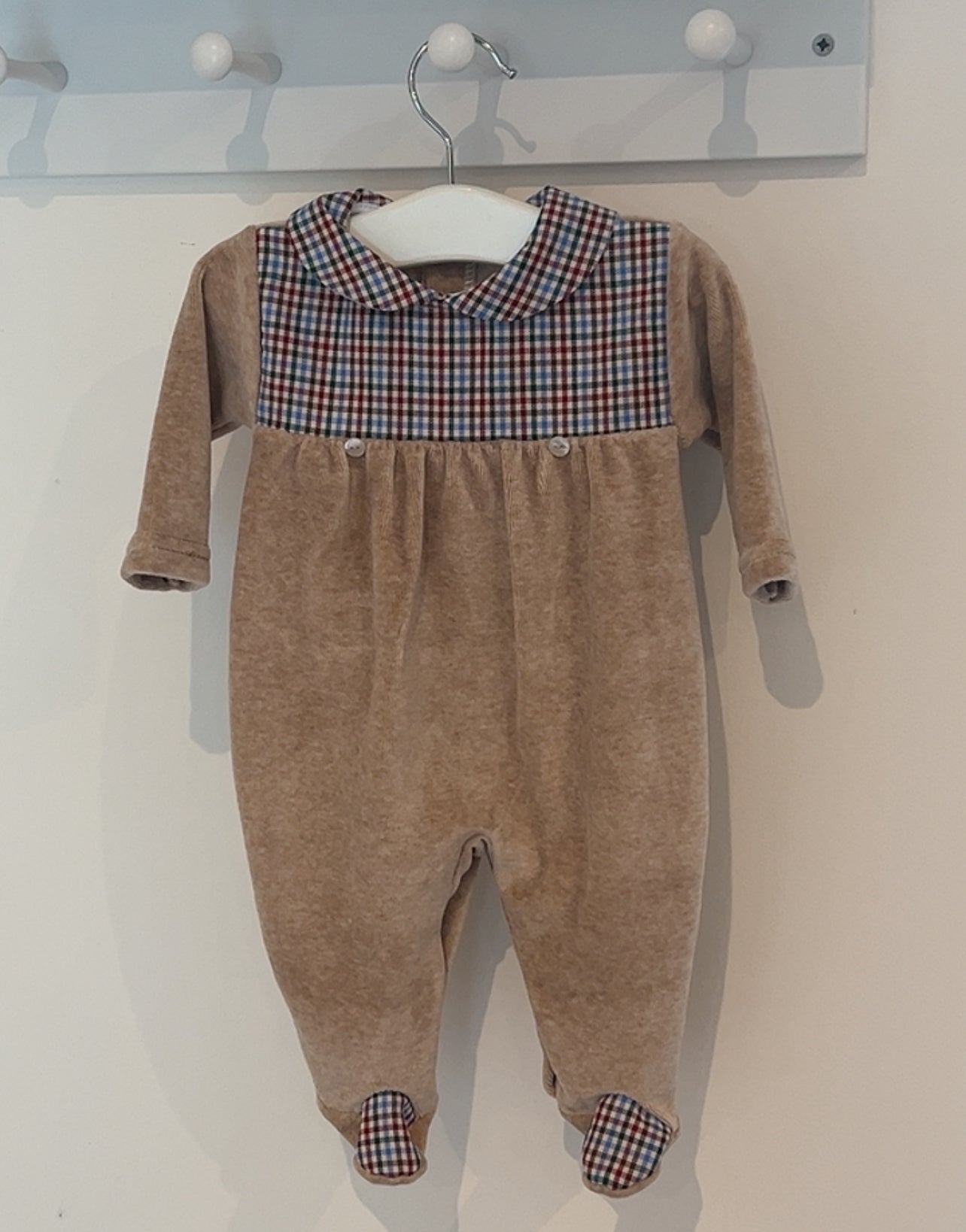 Brown Check Velour Babygrow