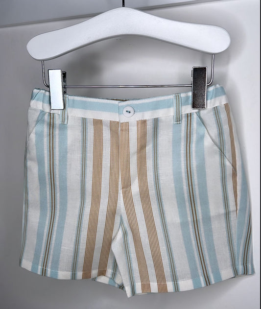 Linen Stripe Shorts - Camel/Blue