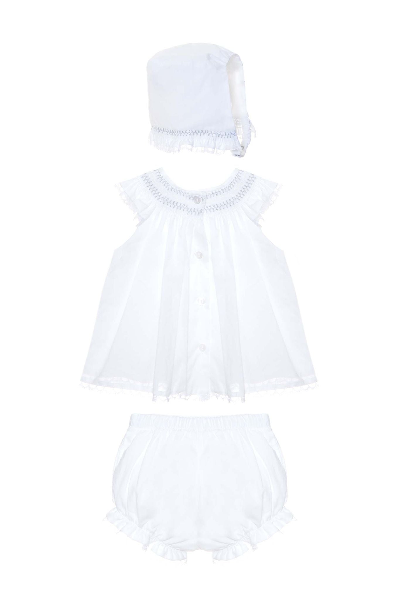 3 Piece Smocked Bloomer Set and Bonnet - White